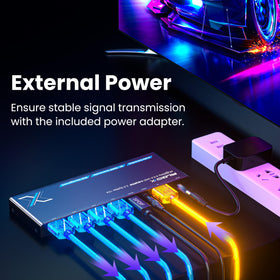 Generic gaming console connected to splitter feeding several monitors, consistent gameplay benefit