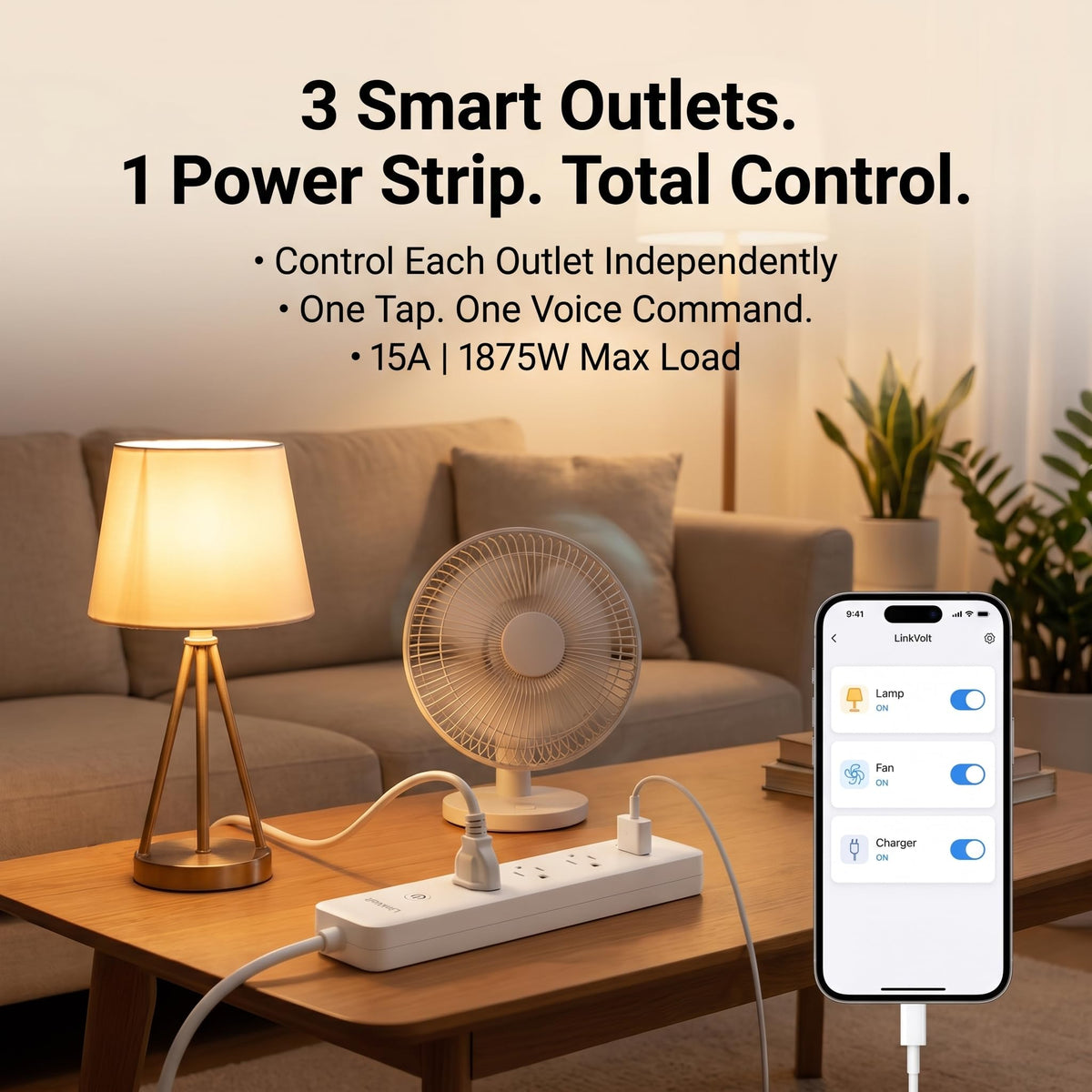 LINKVOLT three-outlet configuration enabling independent control of each device.