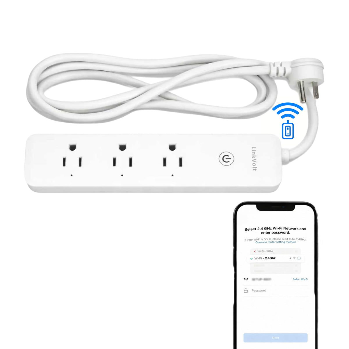 LINKVOLT Smart Power Strip front view with three outlets for easy control.