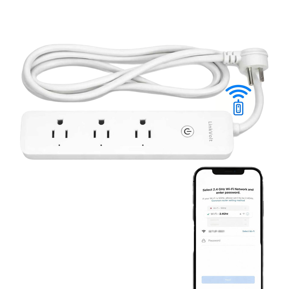 LINKVOLT Smart Power Strip front view with three outlets for easy control.