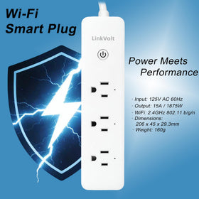 LINKVOLT Smart Power Strip indoor setup with three outlets for an organized desk.