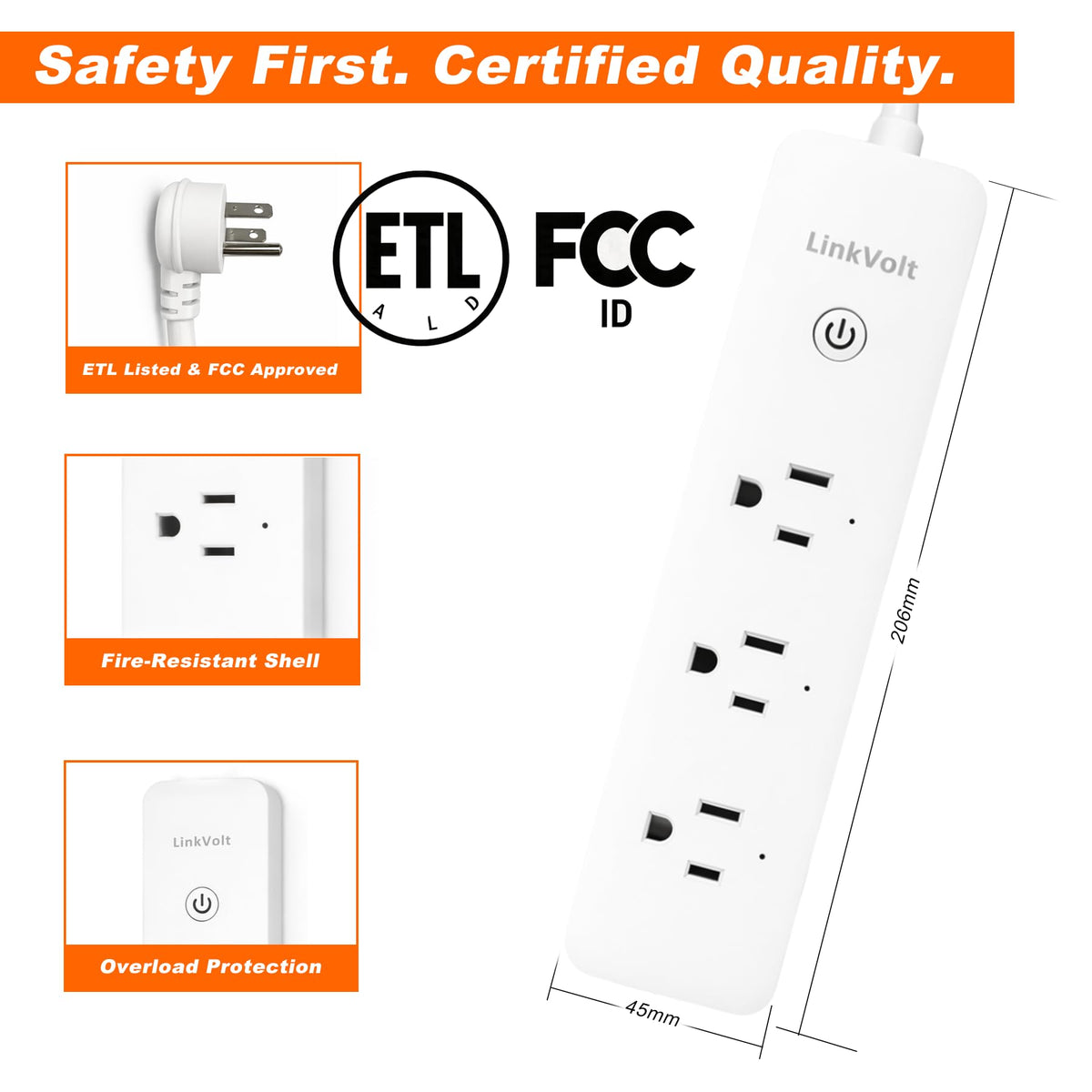 LINKVOLT surge-protected strip rated at 1080 Joules safeguards electronics.