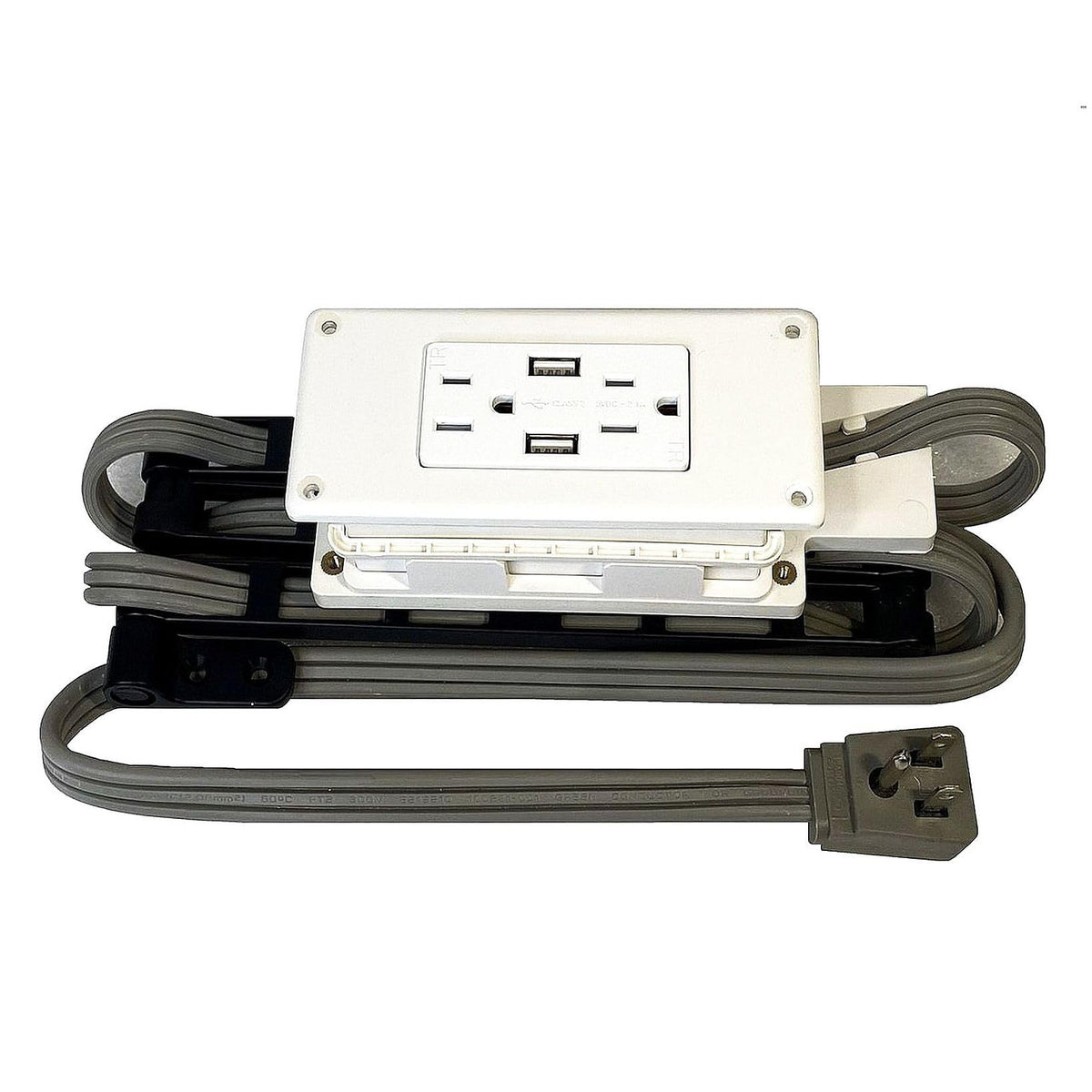 Generic low-profile in-drawer outlet front view with USB-A and 15A outlets.