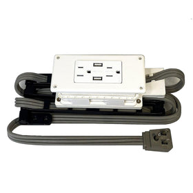 Generic low-profile in-drawer outlet front view with USB-A and 15A outlets.