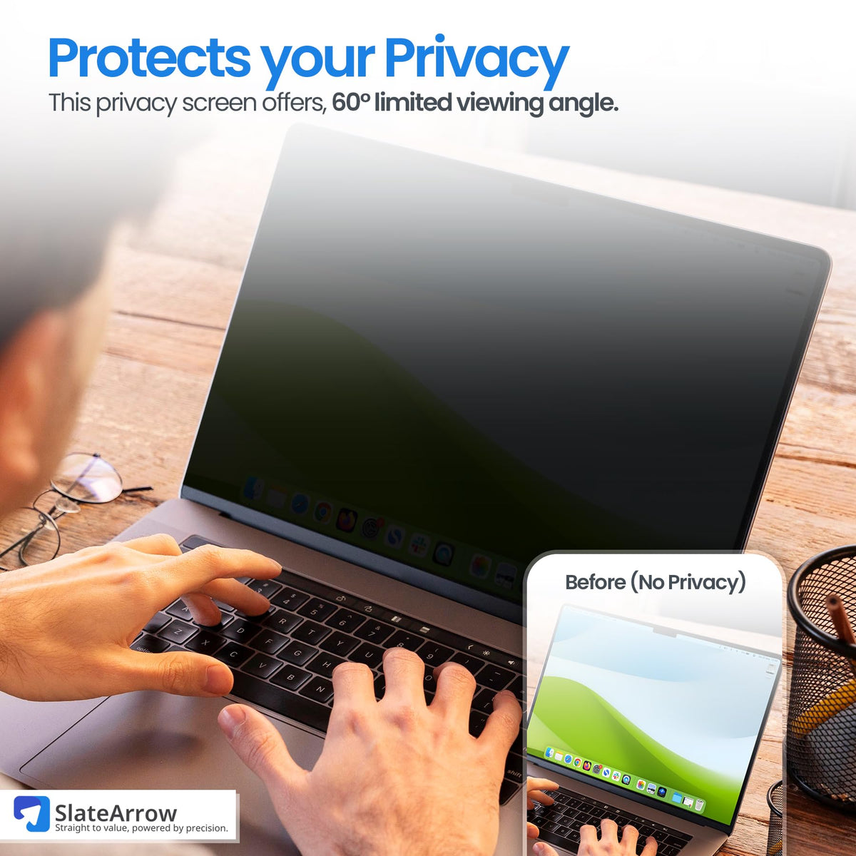 Generic privacy screen demonstrates 30-degree viewing restriction for content privacy