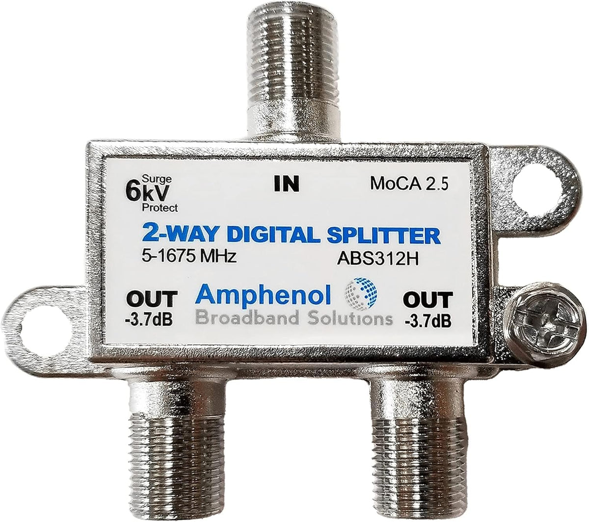 Generic MoCA 2.5 2-Way splitter front view shows rugged metal housing for durability.