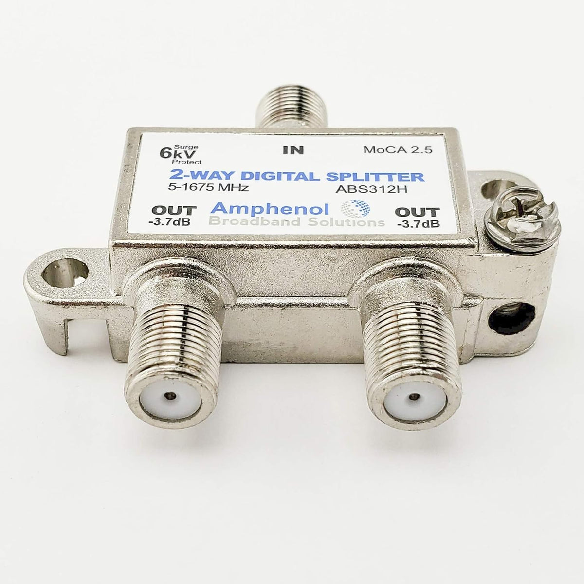 Generic MoCA 2.5 2-Way splitter in use with coax cables.