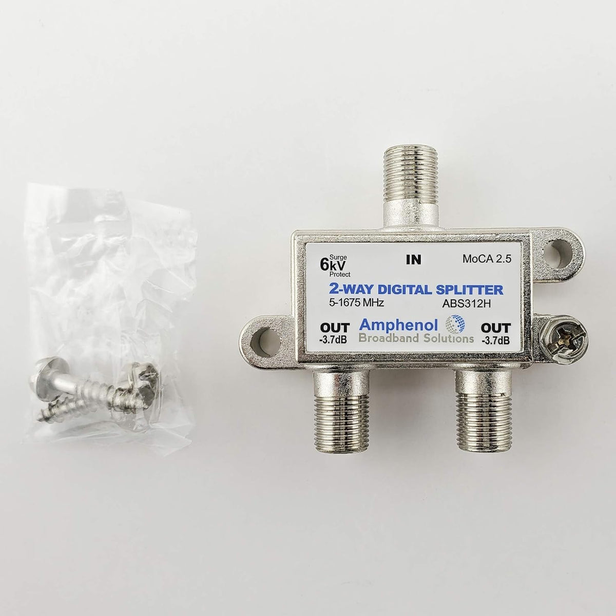 Generic MoCA 2.5 2-Way splitter side angle emphasizing low insertion loss.