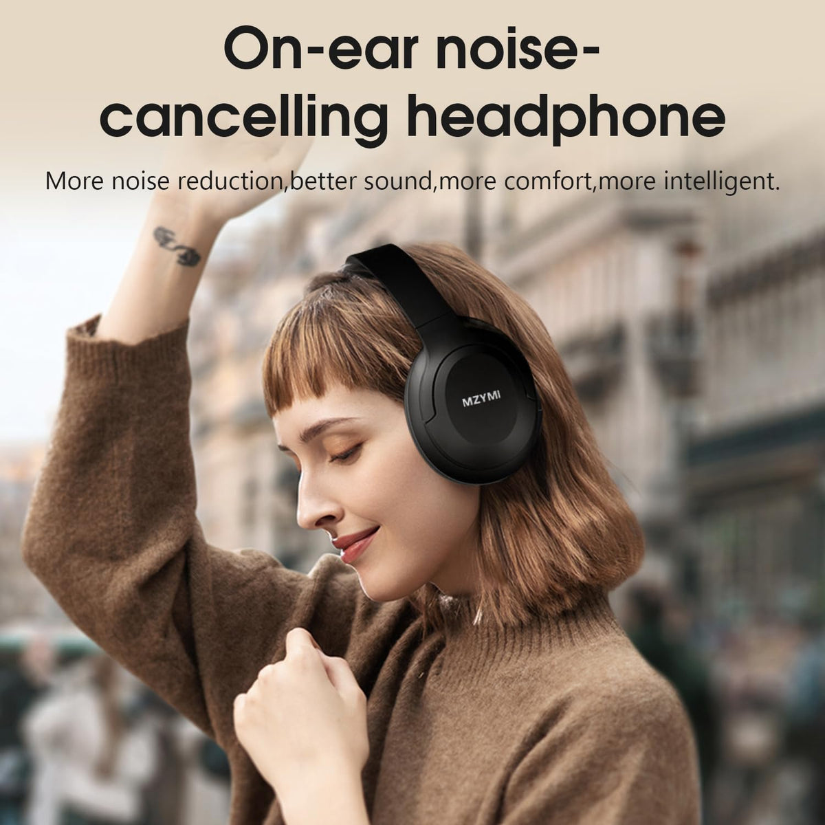 Generic MZYMI wireless over-ear headphones folded for compact travel.