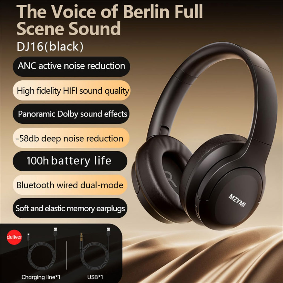 Generic MZYMI wireless over-ear headphones included travel case.