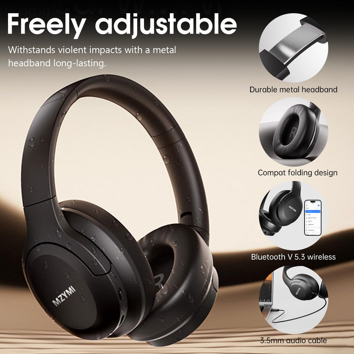 Generic MZYMI wireless over-ear headphones with microphone for calls and meetings.