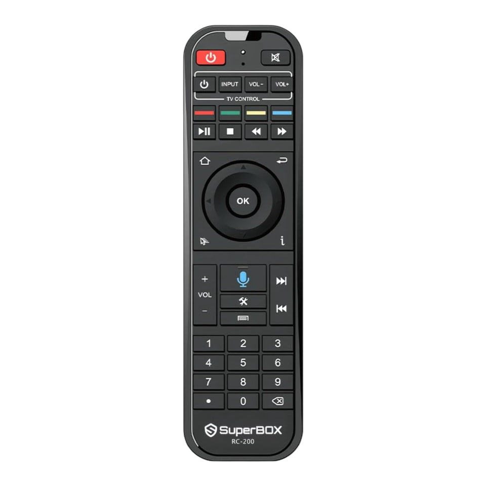 Generic Original Super Box RC-200 remote held in hand for easy control.