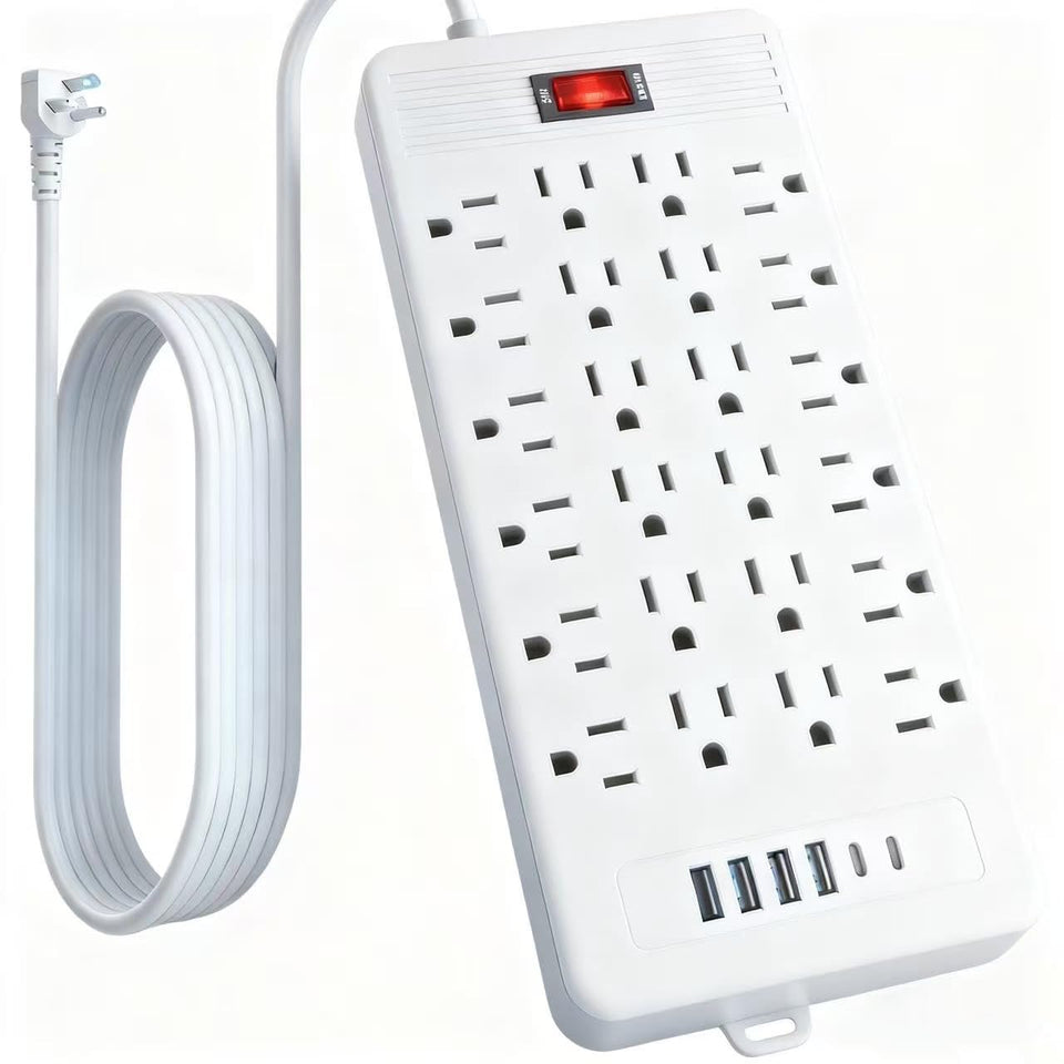Generic front view showing 24 AC outlets and USB ports, organized power for many devices