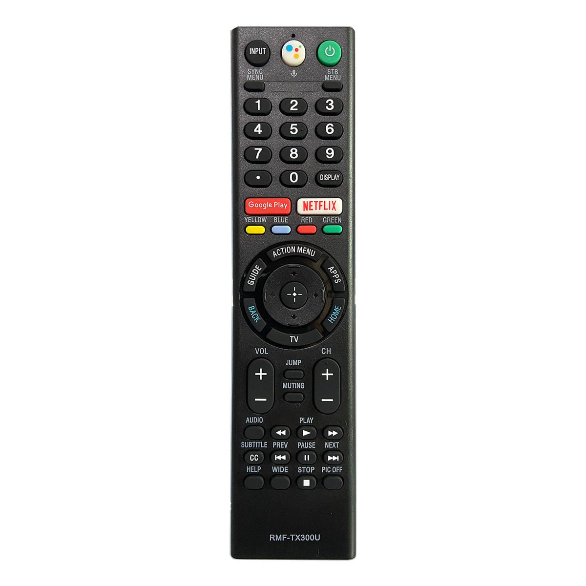 Generic RMF-TX300U remote front view showing ergonomic grip for comfortable control