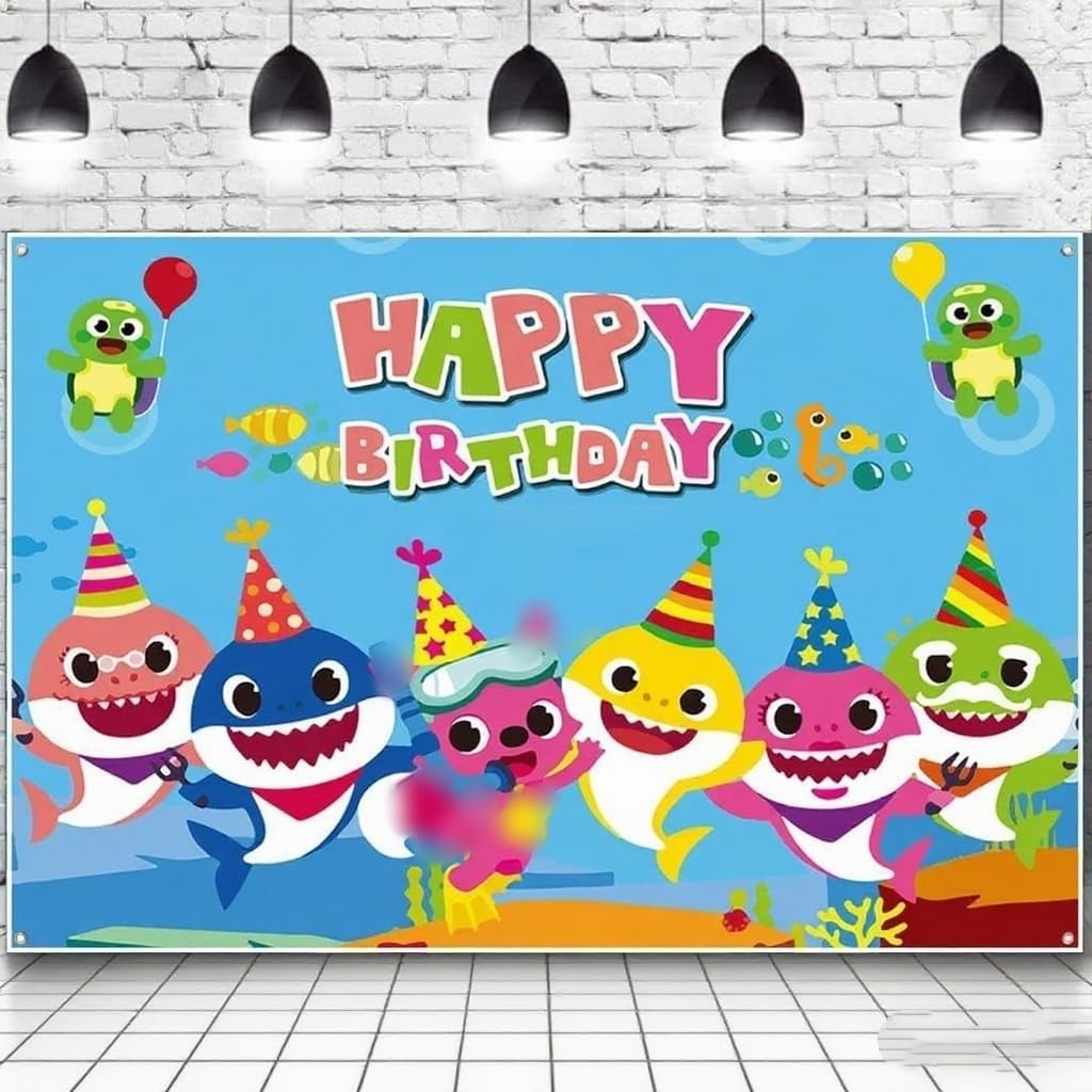Generic shark birthday background decor enhances baby party photos and display areas.
