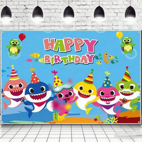 Generic shark birthday background decor enhances baby party photos and display areas.