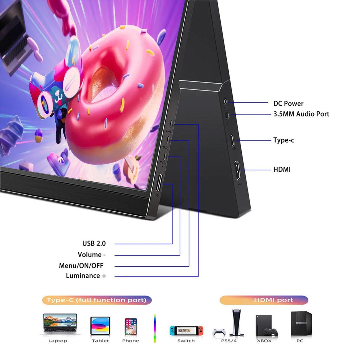 Generic side view showing HDMI USB-C ports and adjustable stand offering convenient connectivity