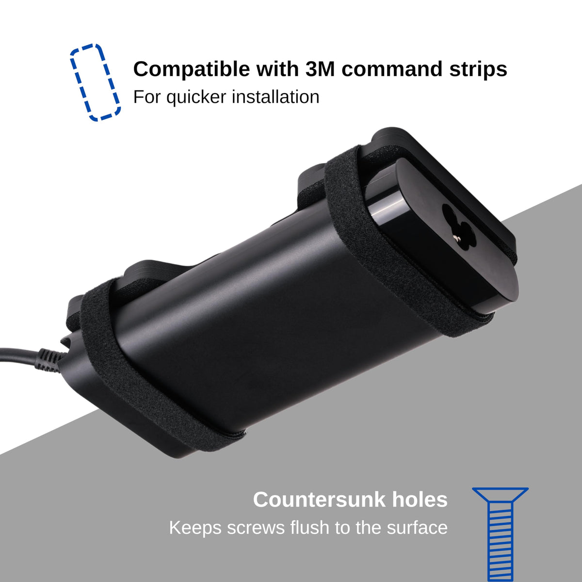 Generic side profile showing power brick held securely reducing cable strain