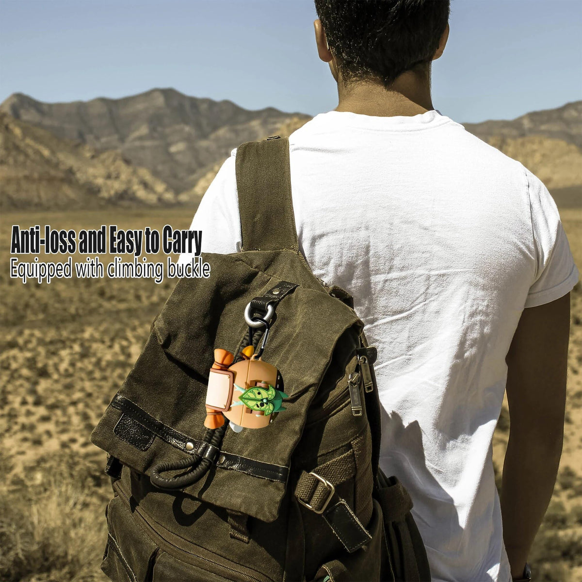 Generic silicone Korok clipped to backpack showing travel-ready convenience