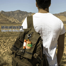 Generic silicone Korok clipped to backpack showing travel-ready convenience