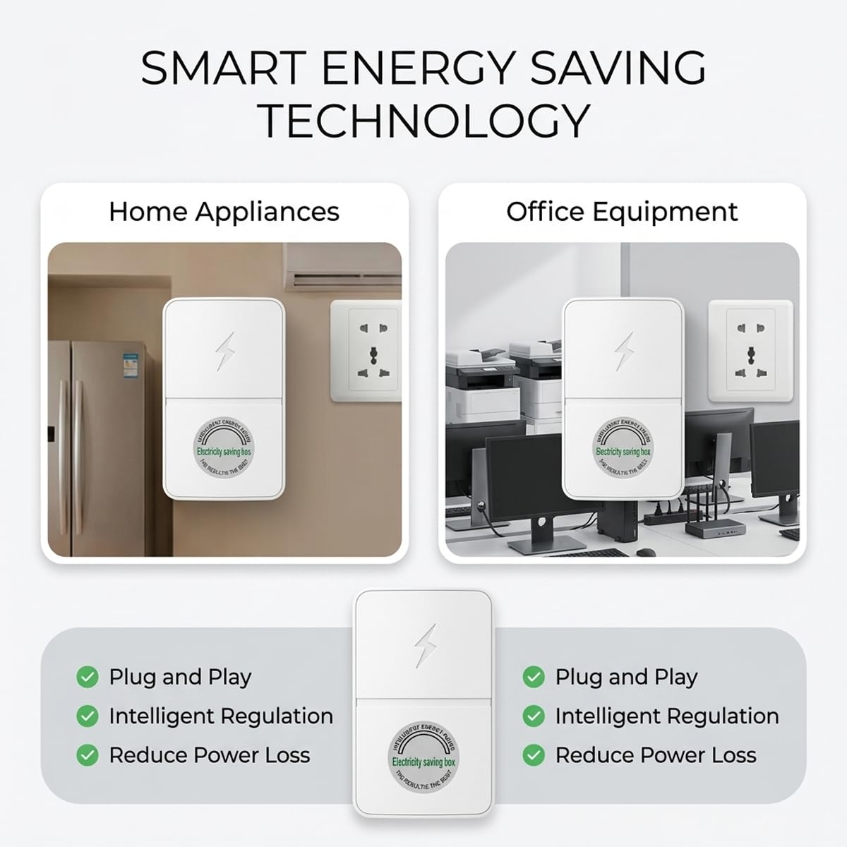 Generic Stopwatt plugged into outlet with appliance connected for quick setup benefit