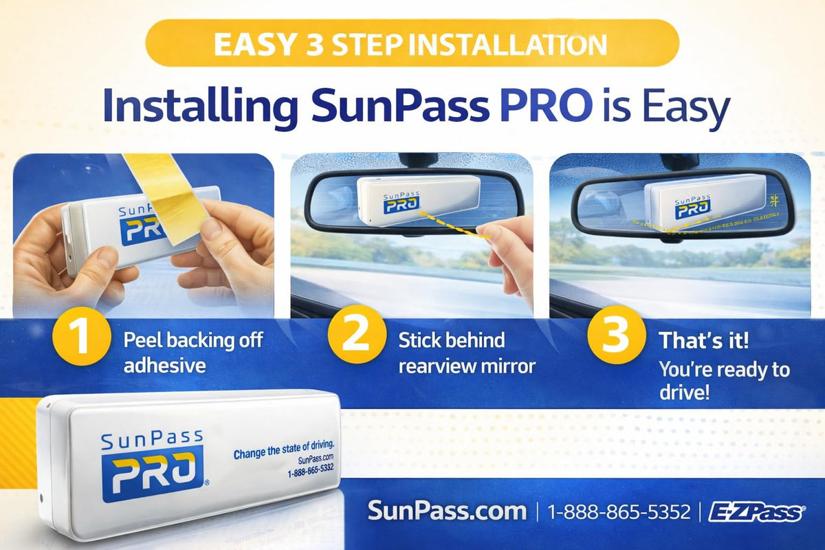 Generic SunPass PRO dash-mounted unit for travel-ready use.