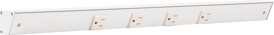 Generic Task Lighting APT angular power strip mounted under cabinet for easy outlet access.