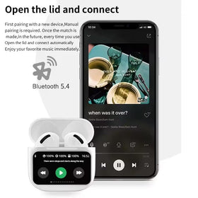 Generic Touch-Screen Earbuds case open shows charging and battery status at a glance.