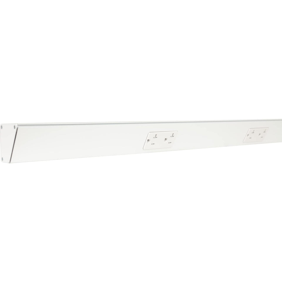 Generic TR Angle Power Strip mounted under a cabinet for clutter-free outlets.