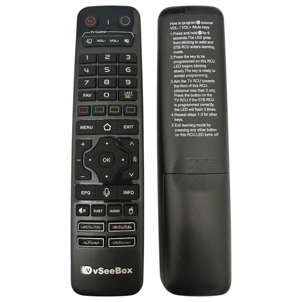 Generic VSeeBox remote front view showing backlit keys and improved visibility