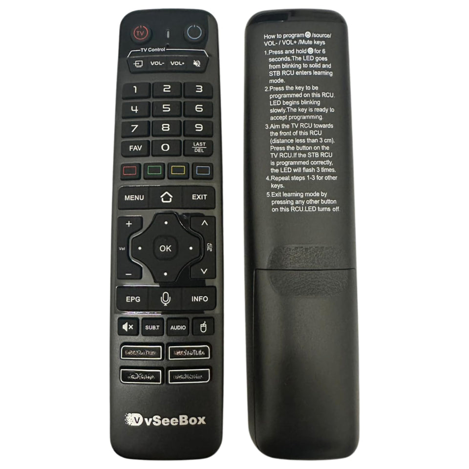 Generic VSeeBox remote front view showing backlit keys and improved visibility