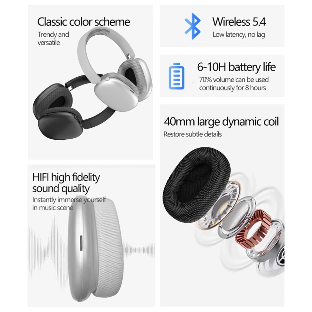 Generic wireless over-ear headphones show 36 hours of playback on a single charge