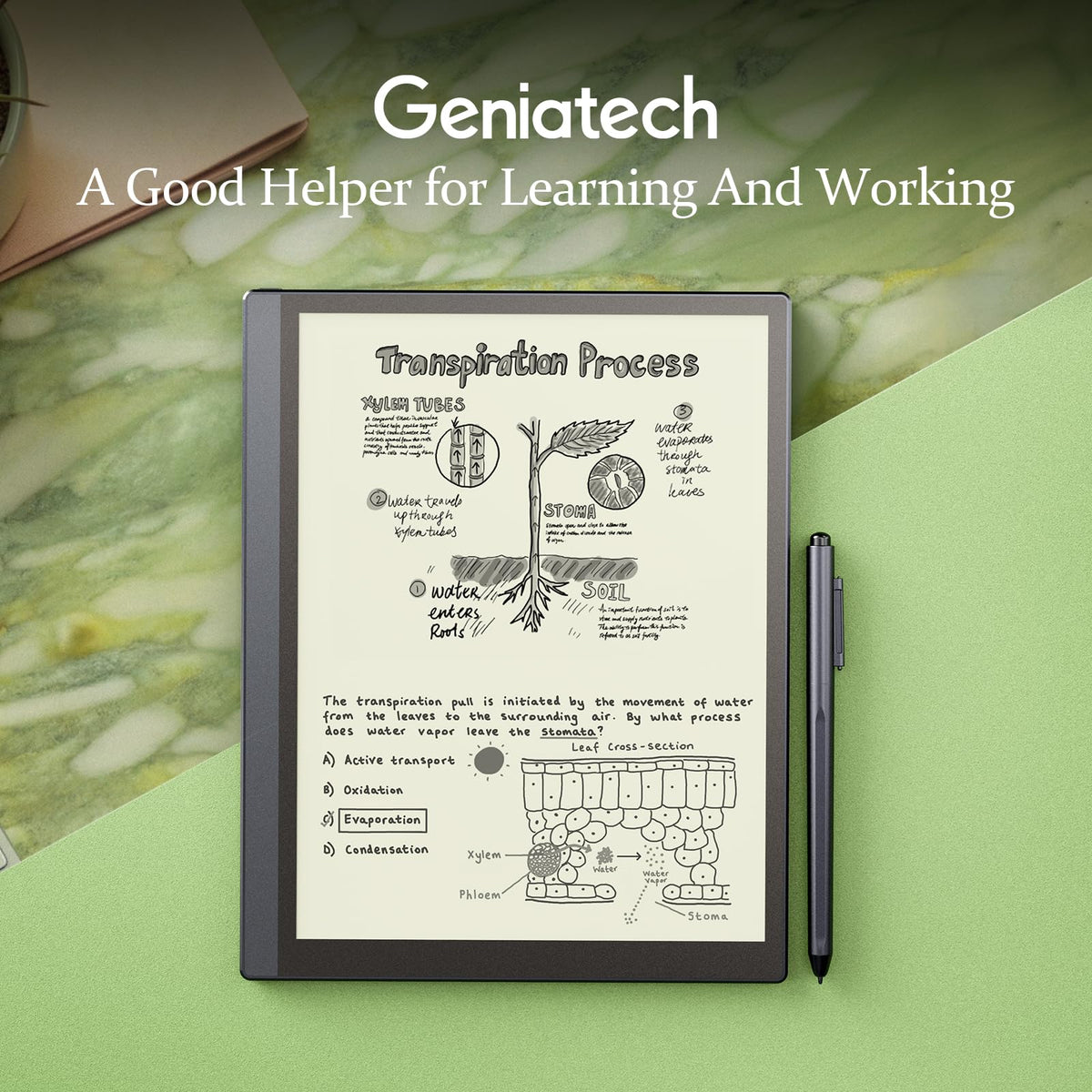 Geniatech Kloudnote Slim e-ink display close-up for glare-free reading.