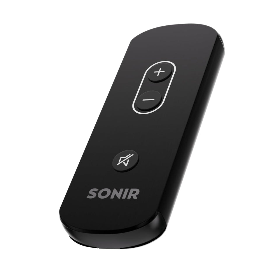 Genie SONIR remote front view showing ergonomic buttons and quick control