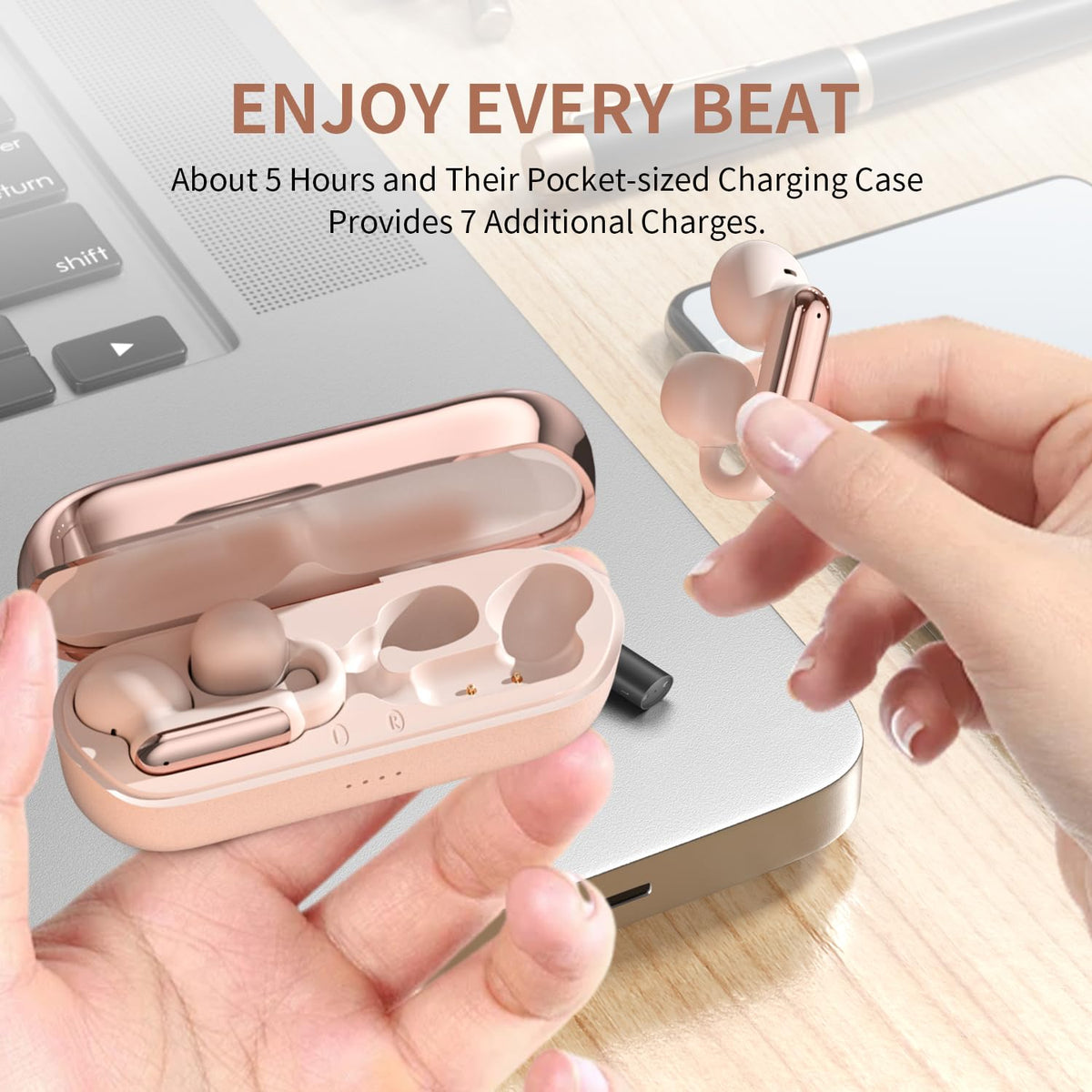 GenXenon charging case open with earbuds showing extended battery life