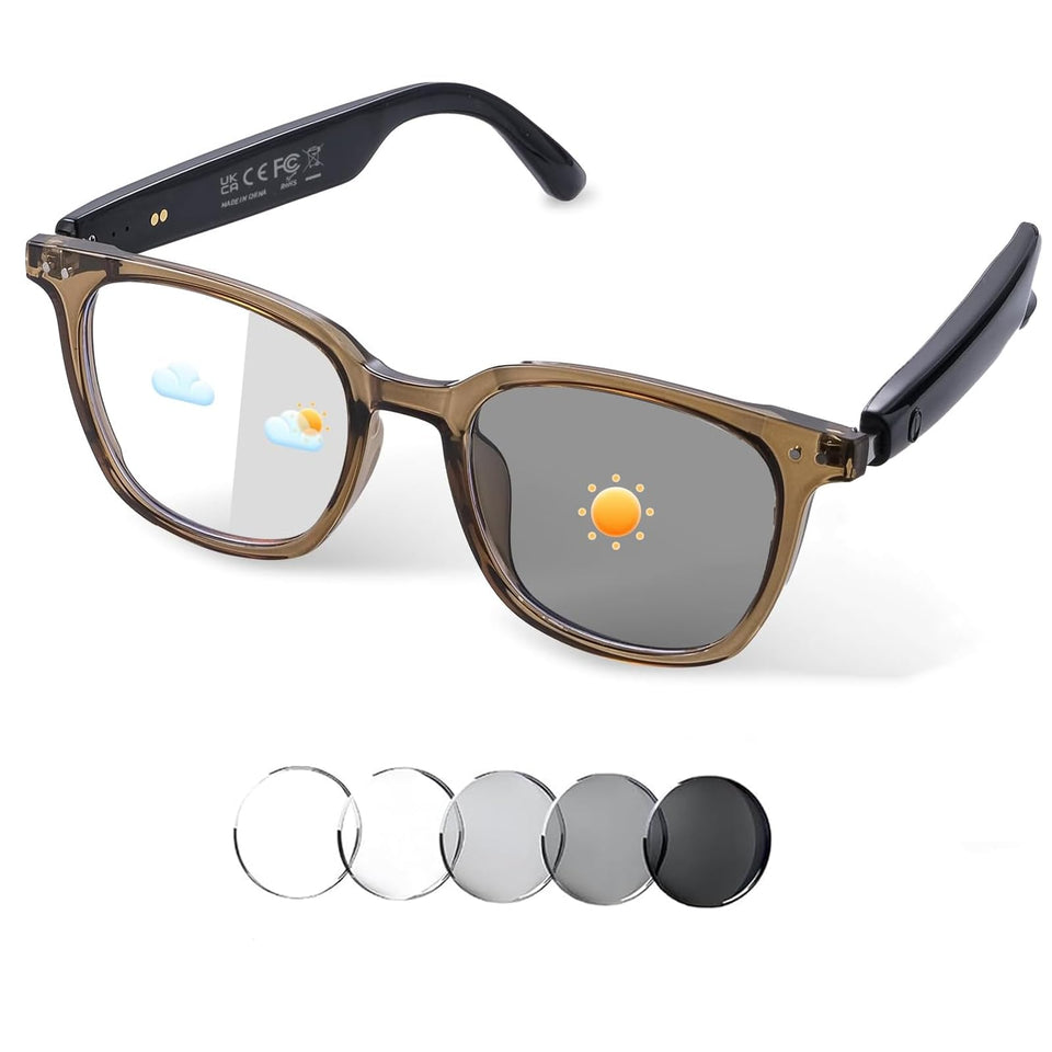 GenXenon smart glasses front view with color-changing lenses filtering blue light indoors.