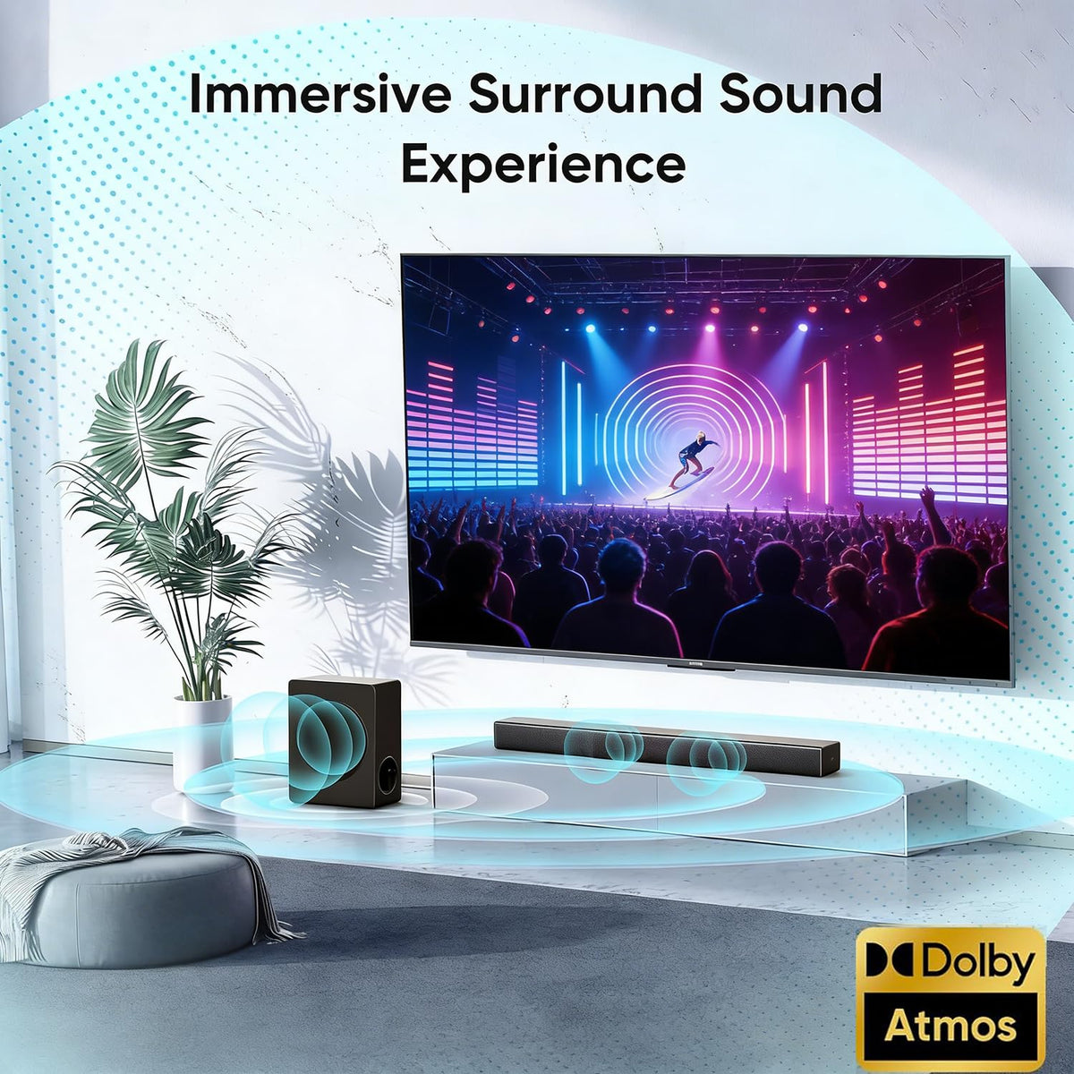 GEOYEAO Dolby Atmos label on the sound bar for cinema-grade surround sound