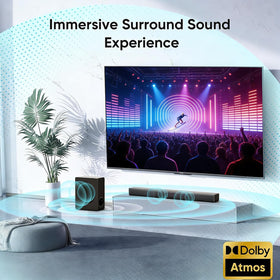 GEOYEAO Dolby Atmos label on the sound bar for cinema-grade surround sound