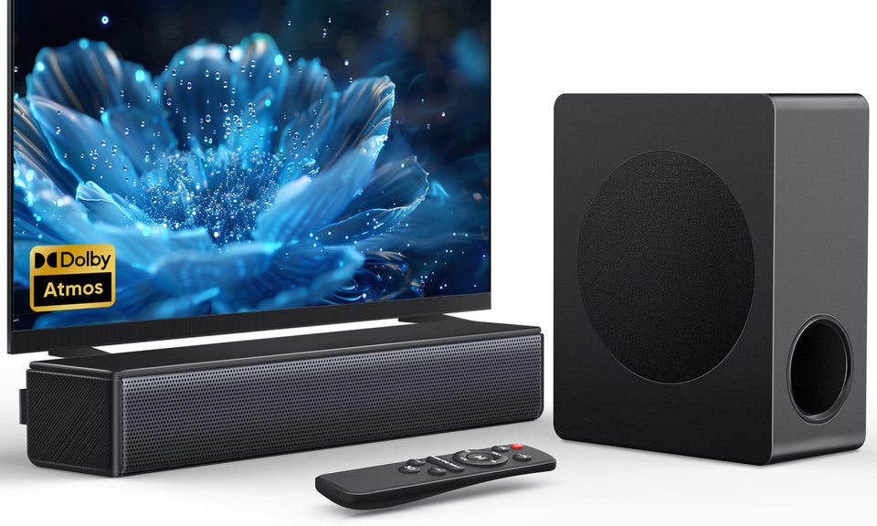 GEOYEAO Sound Bar front view showing a slim, space-saving design for tidy setups.