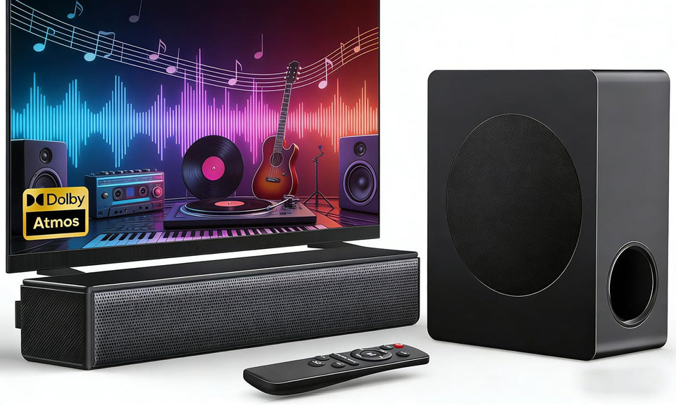 GEOYEAO sound bar with subwoofer front view showing compact design and bass capability