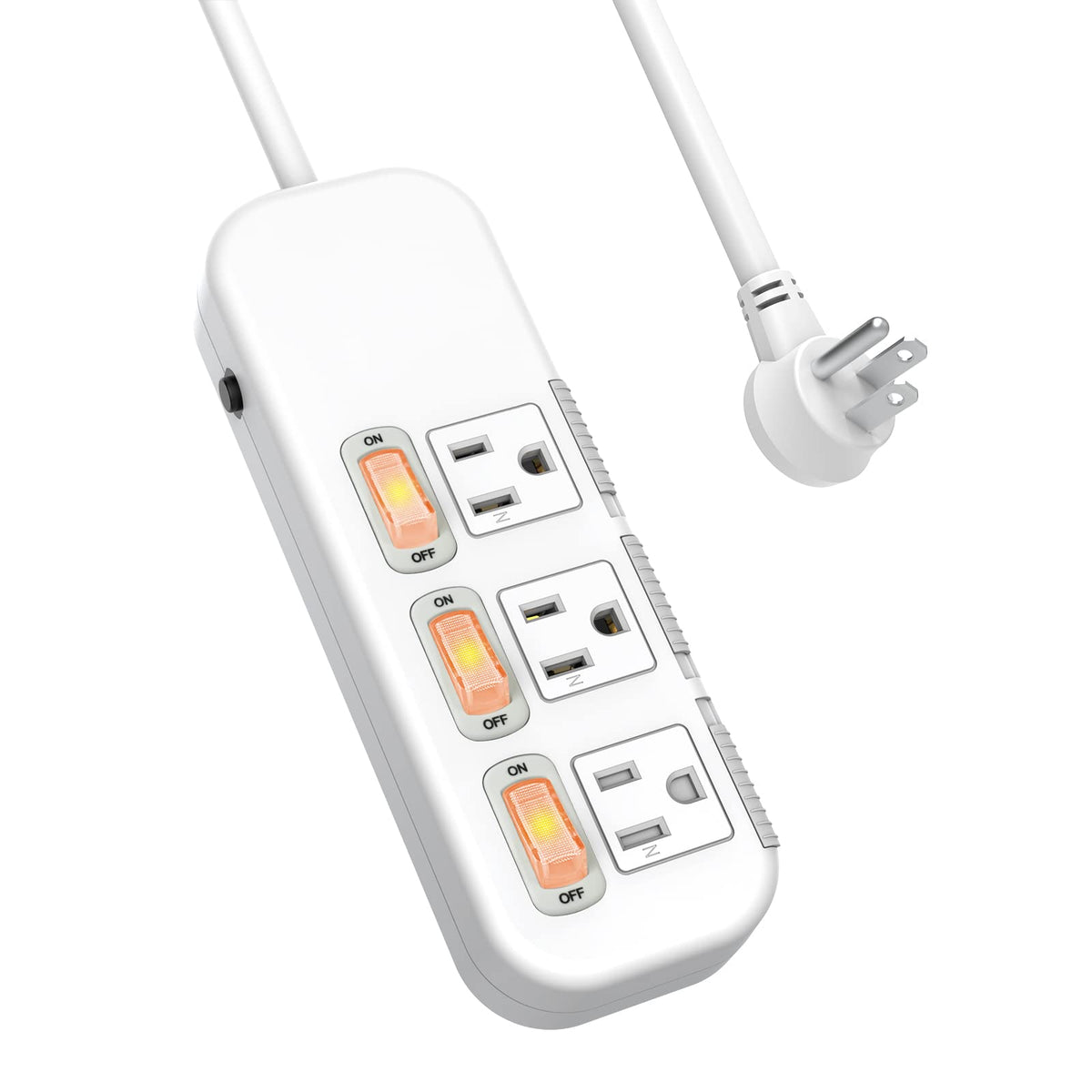 Gerass front view of power strip showing three outlets and switches for neat power control