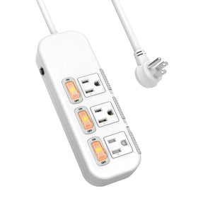 Gerass front view of power strip showing three outlets and switches for neat power control