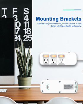 Gerass power strip mounted behind a nightstand keeping cords organized and reachable