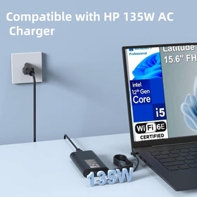 GERVGHS 135W charger compatibility labels highlight broad HP support and safety