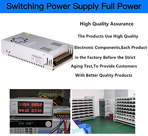GESD 360W power supply undergoing full-load burn-in testing for reliability.