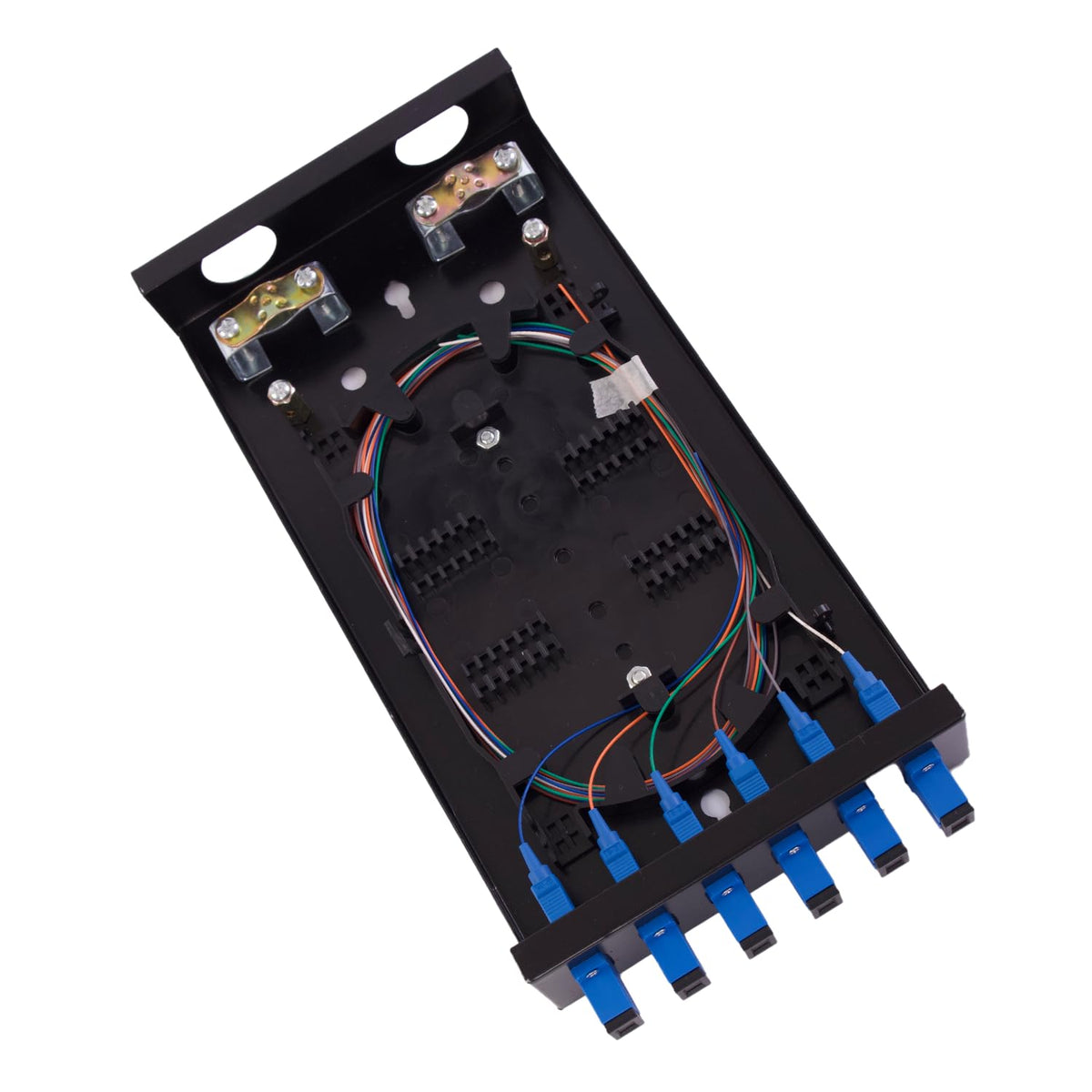 GESD front panel mounted showing six loaded SC ports for neat patching