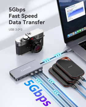 Getatek Ethernet and 3.5mm audio ports with cable connections offering stable network and audio