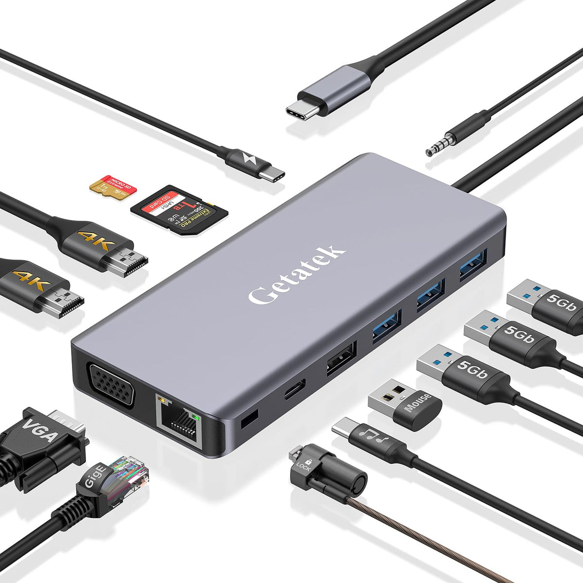 Getatek docking station front view showing all ports and compact design, improving desk organization
