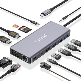 Getatek docking station front view showing all ports and compact design, improving desk organization