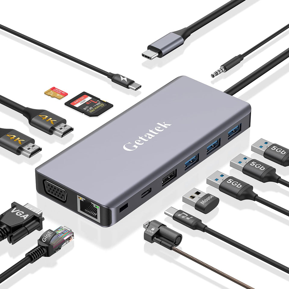 Getatek docking station front view showing all ports and compact design, improving desk organization